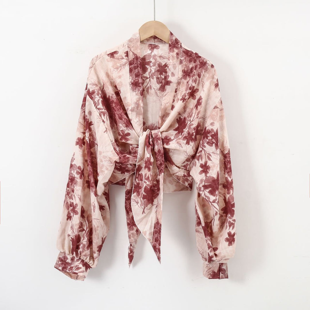 Damen nan florale Knoten-Bluse im Wickelstil mit Ballonärmeln und leichter Leinenoptik Drune