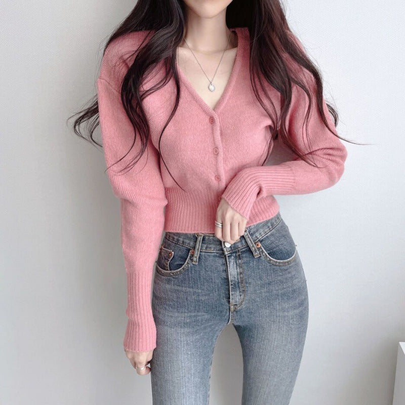 Damen cropped Strickjacke mit V-Ausschnitt und Rippstruktur Drune