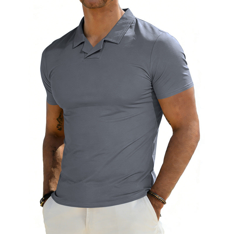 Herren nan schmal geschnittenes Kurzarm-Polo mit offenem Hemdkragen und elastischem Baumwollstretch Drune