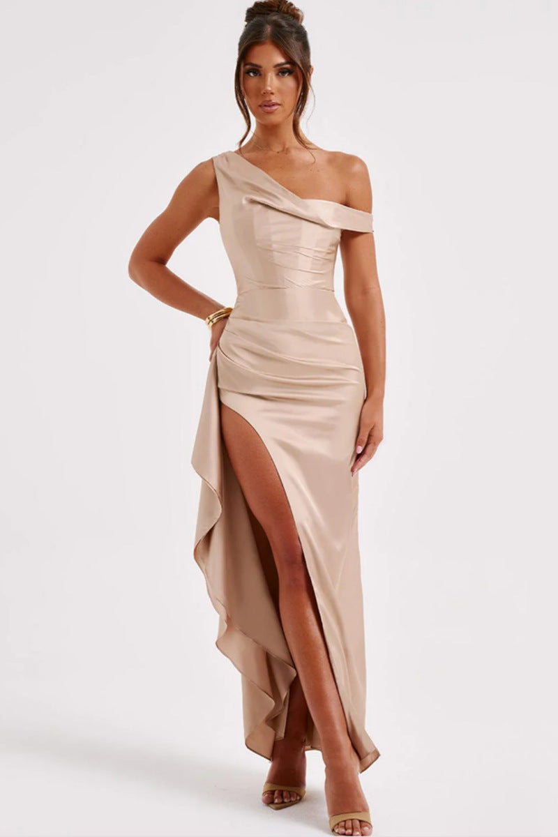 Damen elegantes One-Shoulder Maxikleid mit hohem Schlitz und figurbetontem Design Drune