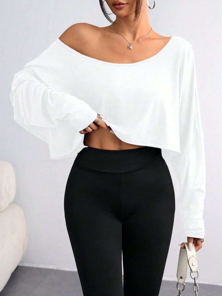 Damen Lässiges Crop-Top mit weitem Schnitt und asymmetrischem Ausschnitt Drune