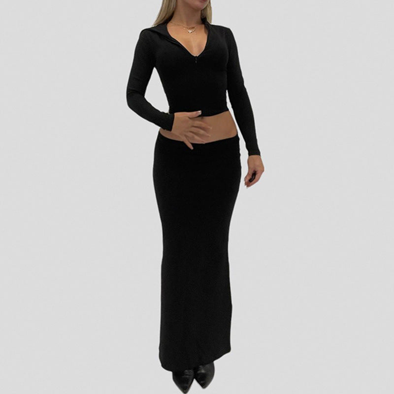 Damen Zweiteiliges Midriff-Set aus Stretchjersey mit V-Ausschnitt Crop-Top und taillenbetontem Maxi-Rock Drune