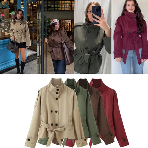 Damen 400+ kurzer taillierter Trenchblouson mit Stehkragen, doppelreihiger Knopfleiste und Bindegürtel Drune