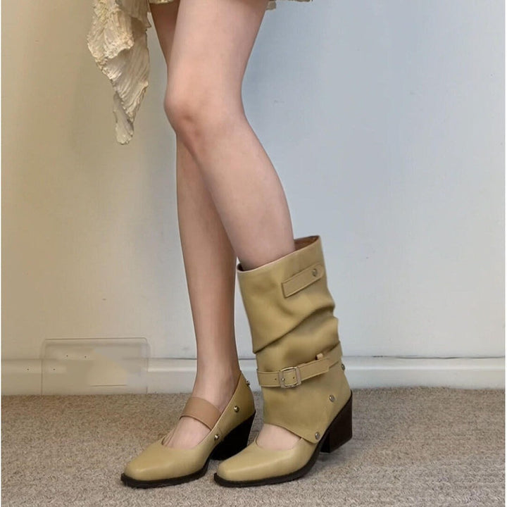 Damen Modische Stiefeletten mit hohem Schaft und Riemen Drune