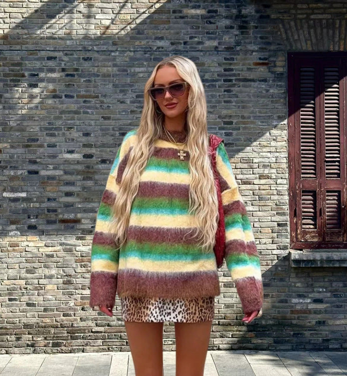 Damen Trendiger Pullover mit buntem Streifenmuster und lässigem Schnitt Drune