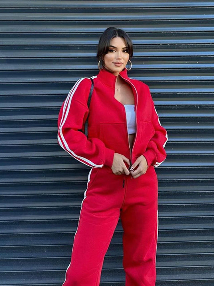 Damen Sportlicher Loungewear-Anzug mit hohem Kragen und seitlichen Streifen Drune