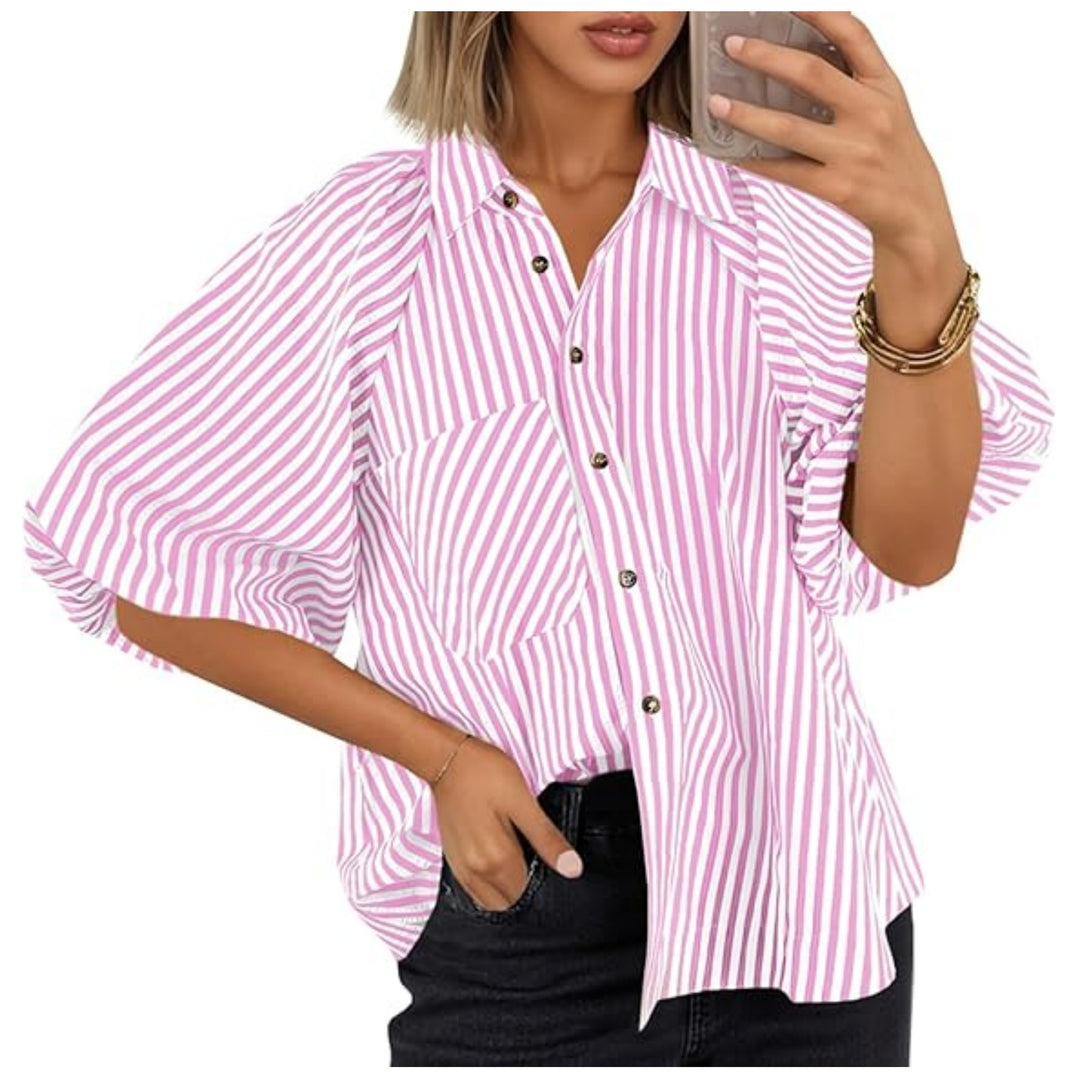 Damen Oversize Hemd mit Ballonärmeln und Streifenmuster Drune