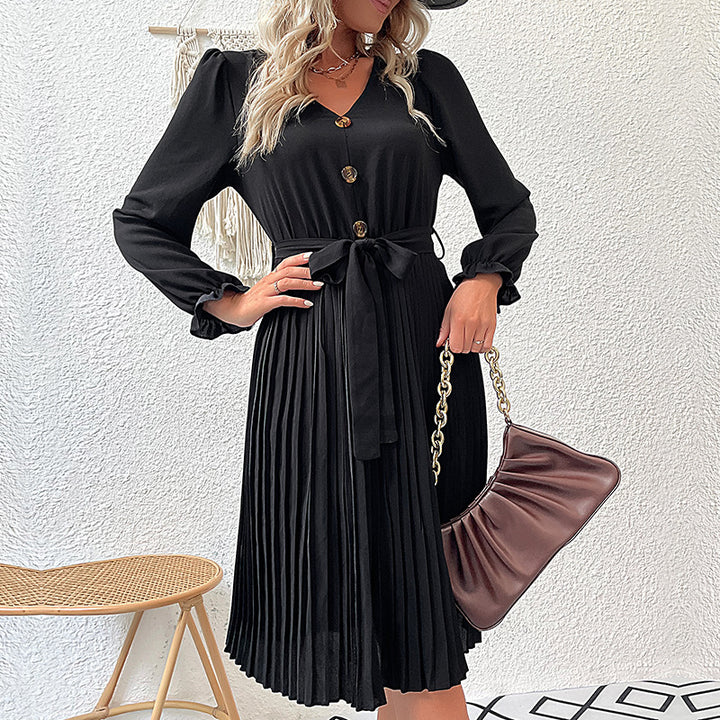 Damen Midikleid mit V-Ausschnitt, tailliertem Bindegürtel und plissiertem Tellerrock Drune
