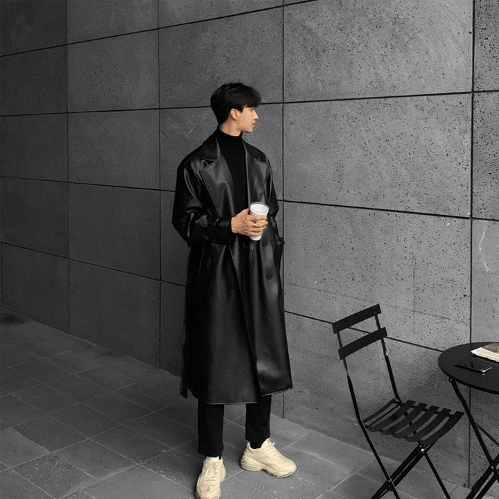 Herren modischer Longtrenchcoat aus hochwertigem Kunstleder mit elegantem Schnitt Drune