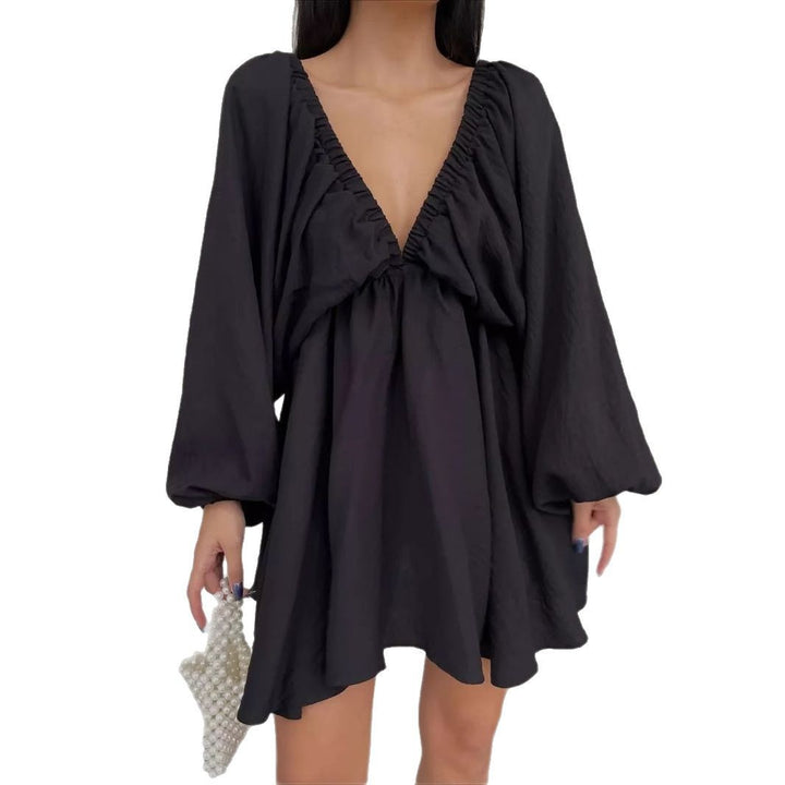 Damen lässiges Babydoll-Kleid mit schulterfreiem Ausschnitt und langen Puffärmeln Drune