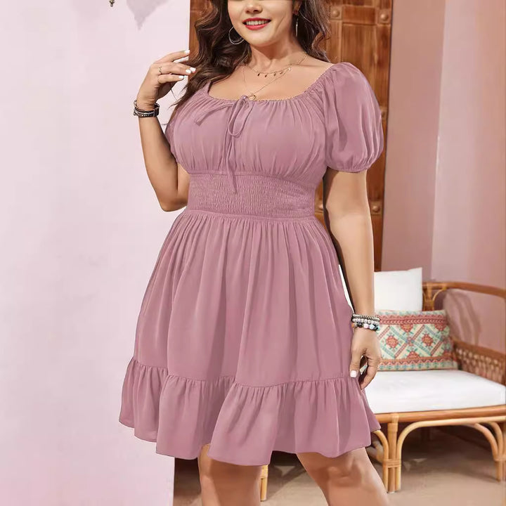 Damen Midikleid mit Smok-Taillenband und Puffärmeln Drune