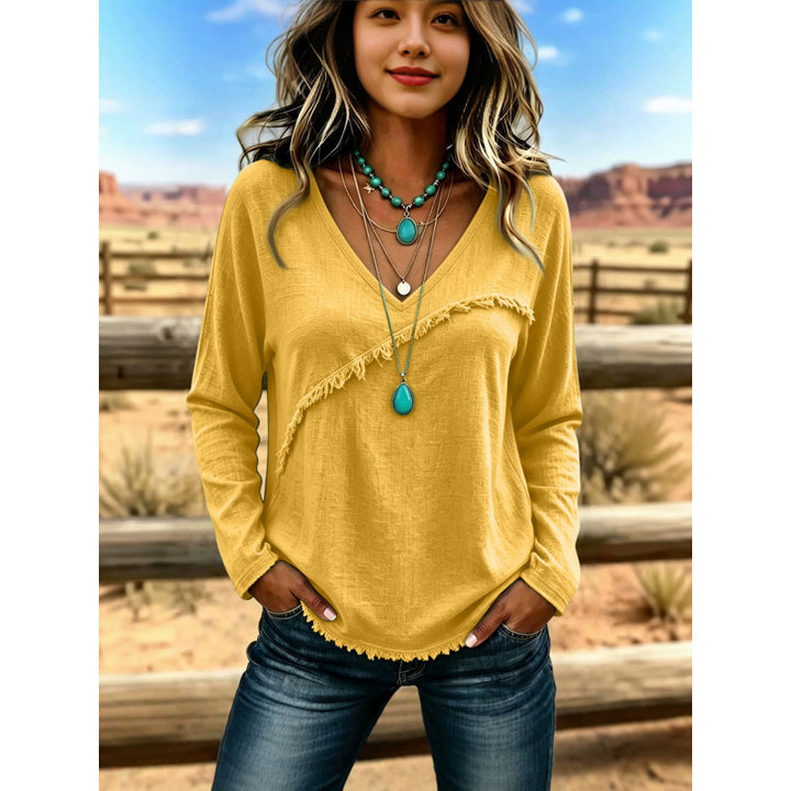 Damen Lässiges V-Ausschnitt Langarmshirt mit diagonaler Fransenblende und Strukturstoff Drune