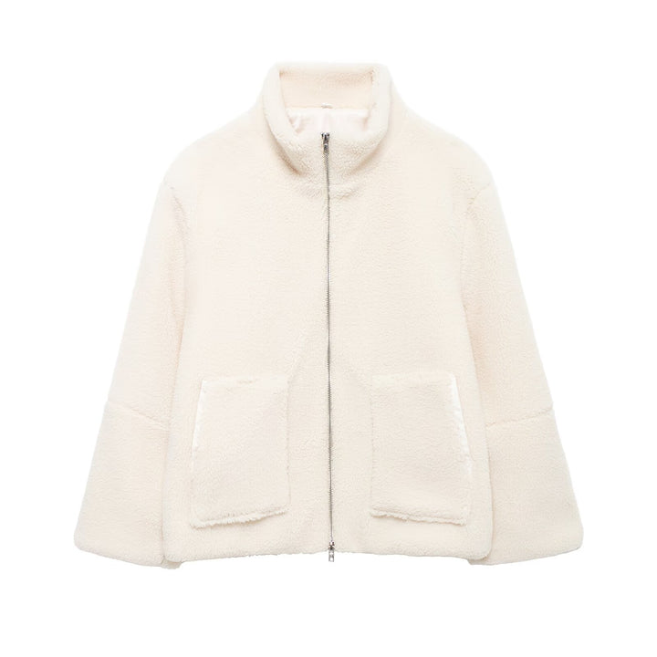 Damen Teddy-Fleece-Jacke mit Stehkragen und Lederoptik-Details Drune