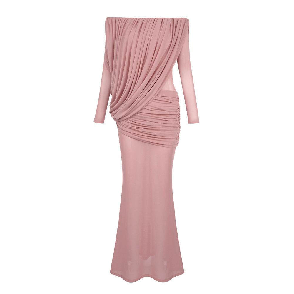 Damen Langarm Maxikleid mit Drapier-Design und schulterfreiem Ausschnitt Drune