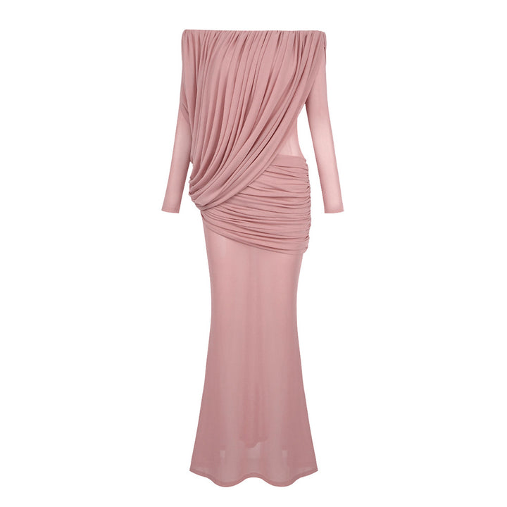 Damen Langarm Maxikleid mit Drapier-Design und schulterfreiem Ausschnitt Drune