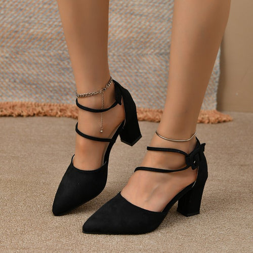Damen Elegant-spitze Riemchen-Pumps mit geschwungenem Blockabsatz und doppeltem Knöchelriemen Drune