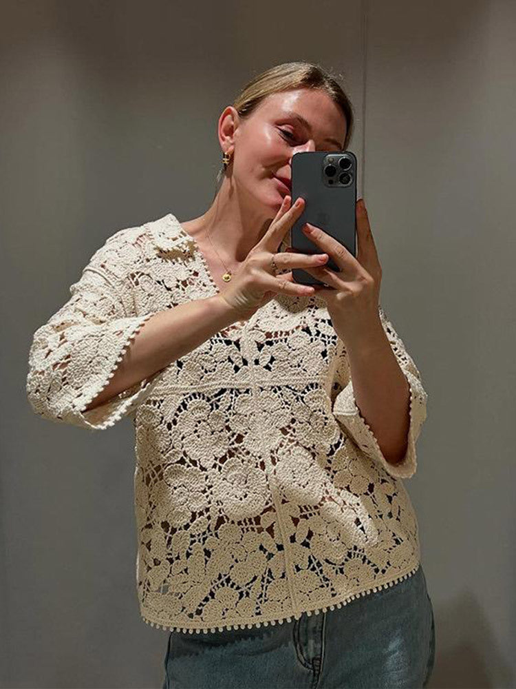 Damen Gehäkelte Bluse mit floralem Ajourmuster und dreiviertel Ärmeln Drune