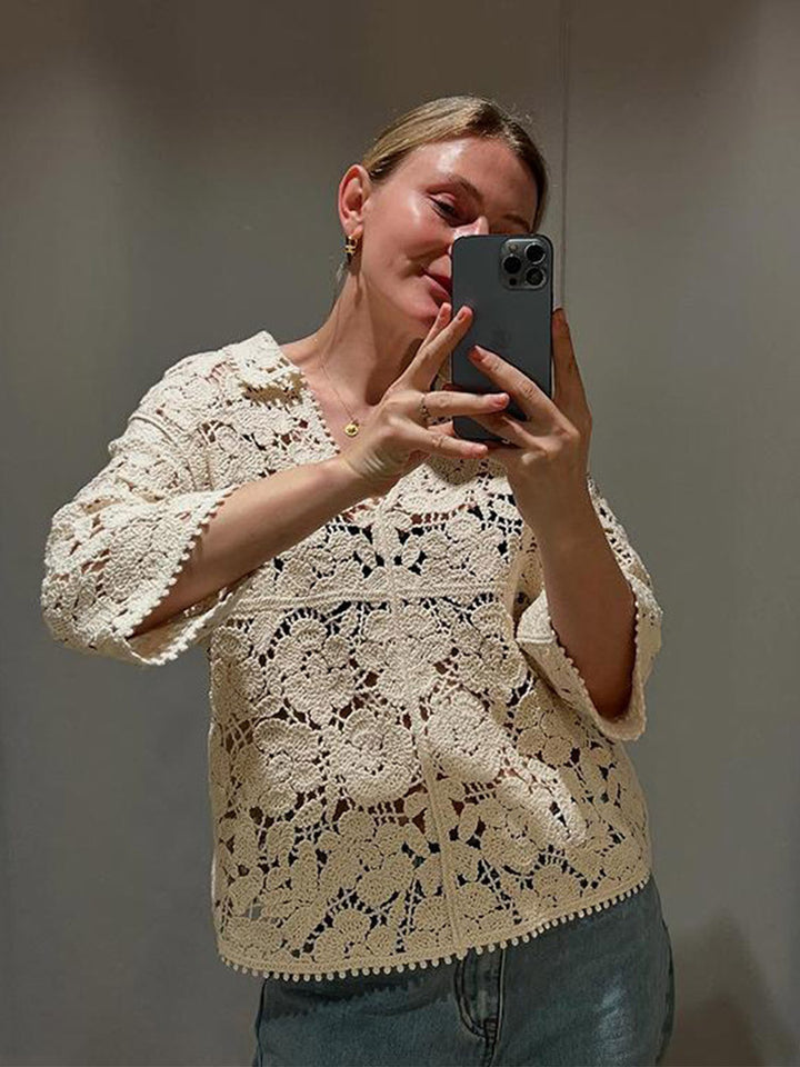 Damen Gehäkelte Bluse mit floralem Ajourmuster und dreiviertel Ärmeln Drune