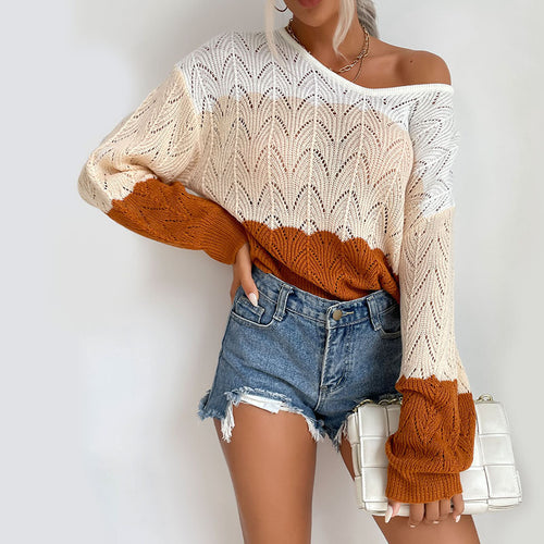 Damen Oversize-Ajourstrickpullover mit Carmen-Ausschnitt, Ballonärmeln und geripptem Saum Drune