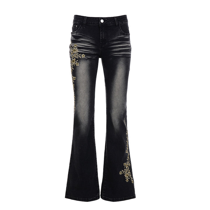 Damen hochtaillierte Schlagjeans mit floraler Stickerei und verwaschenem Look Drune