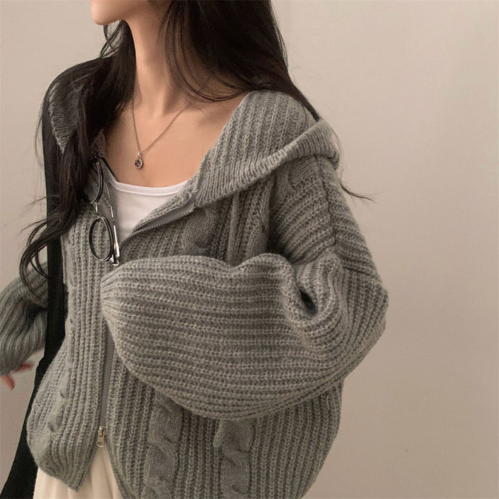 Damen Strickjacke mit Kapuze und dekorativen Zopfstricken Drune