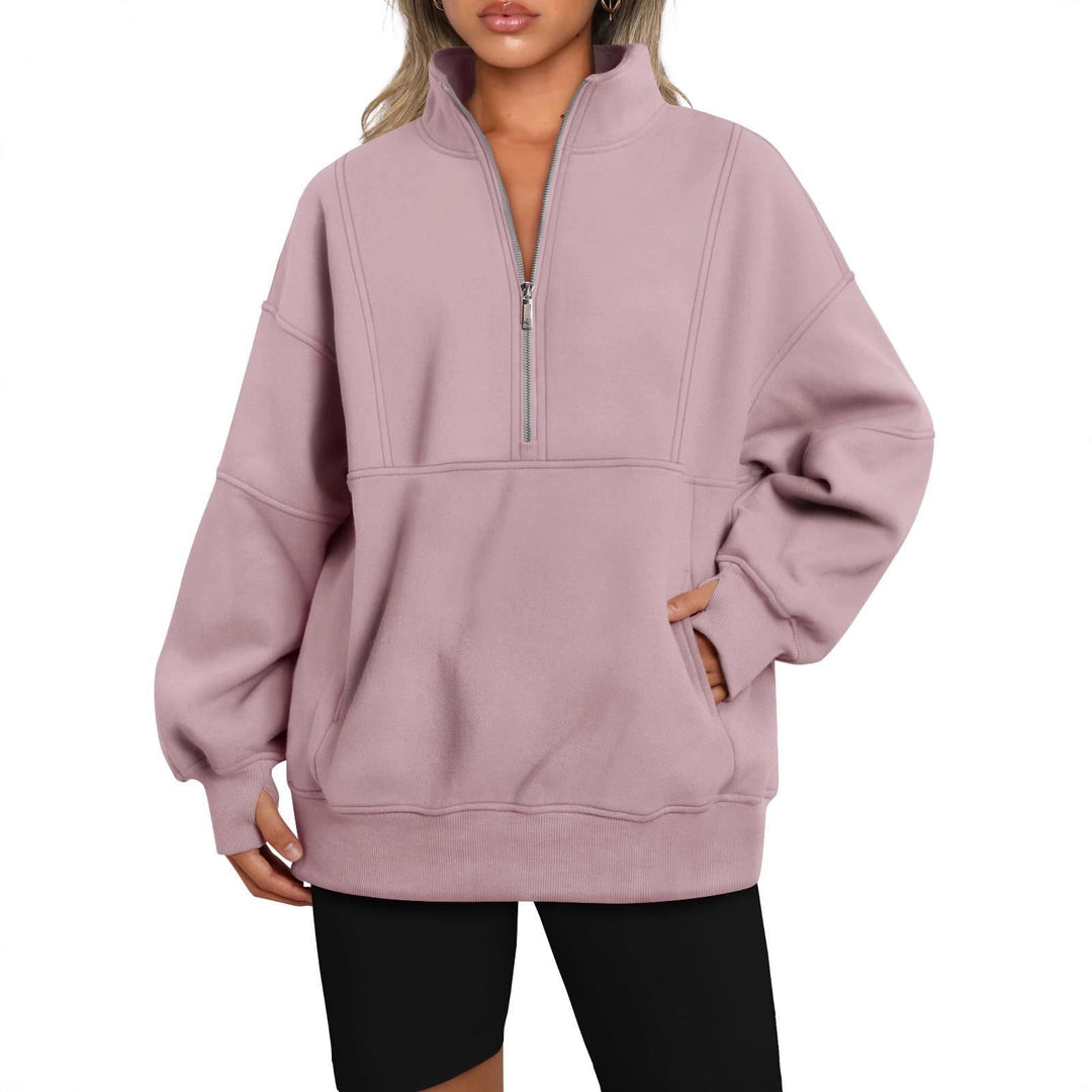 Damen Oversize-Sweatshirt mit halbem Reißverschluss, Stehkragen und Kängurutasche Drune