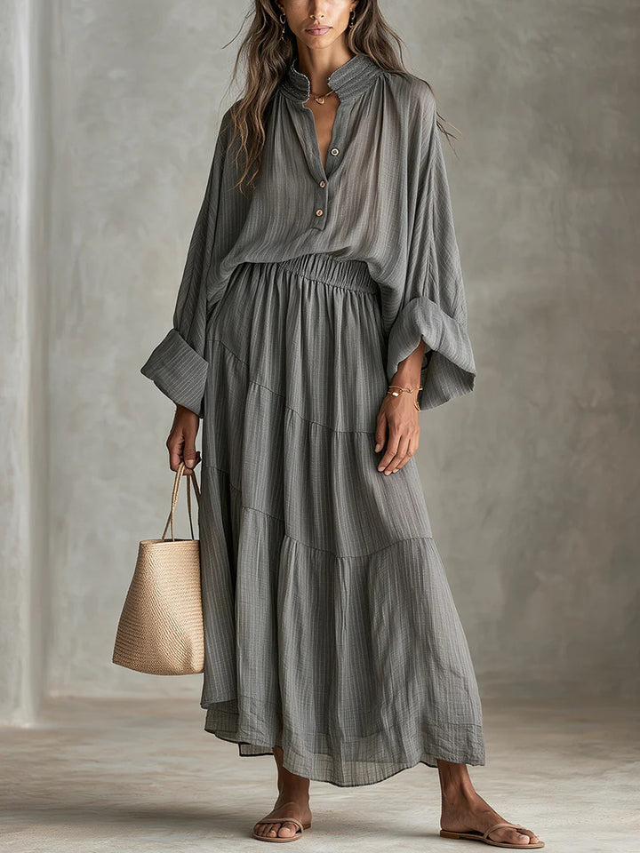 Damen Maxikleid mit geraffter Taille, Stehkragen und voluminösen Ballonärmeln Drune