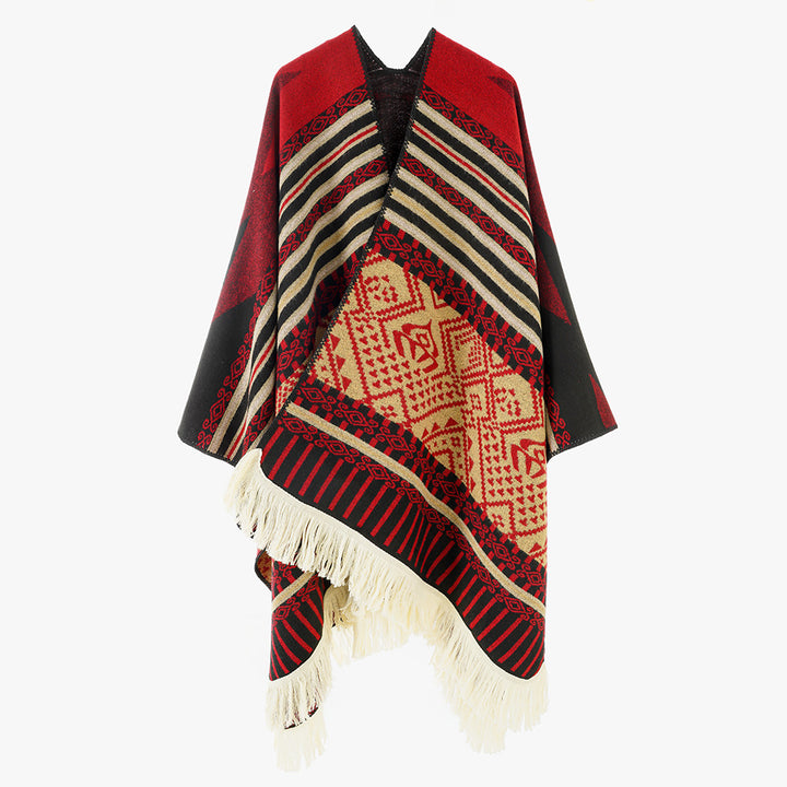 Damen Ethno-Jacquard Cape aus Wollmix mit asymmetrischem Saum, V-Ausschnitt und Fransen Drune