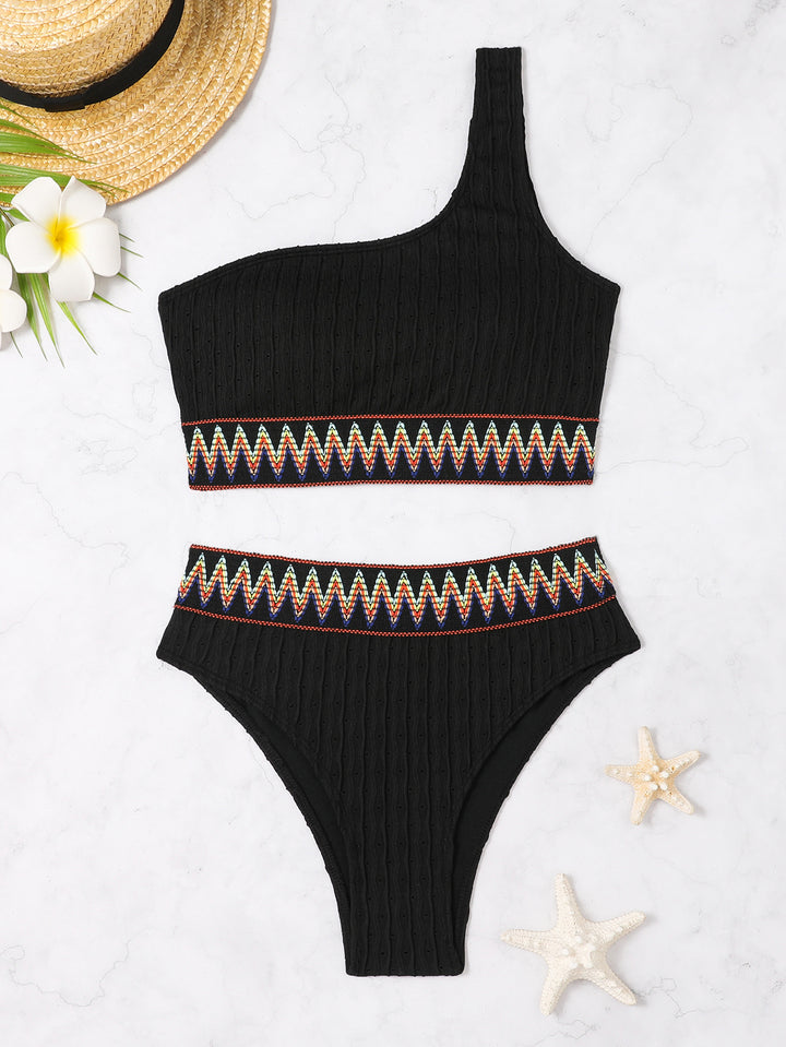 Damen Einseitiger Crop-Bikini mit buntem Jacquardband Drune