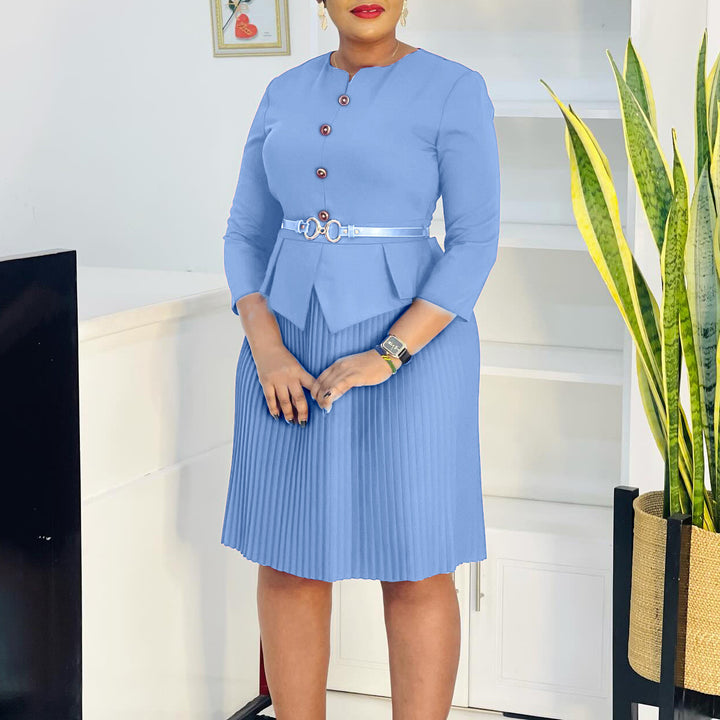 Damen Plissee Kleid mit taillierter Bluse und modischem Gürtel Drune