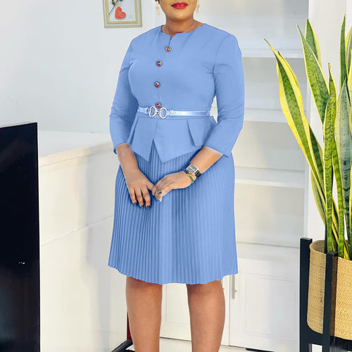 Damen Plissee Kleid mit taillierter Bluse und modischem Gürtel Drune