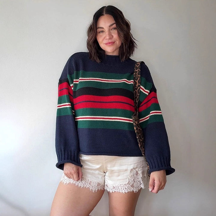 Damen Gestreifter Oversize-Strickpullover mit Raglanärmeln Drune