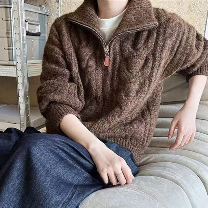 Damen Grobstrickpullover mit hohem Kragen und dekorativem Reißverschluss Drune