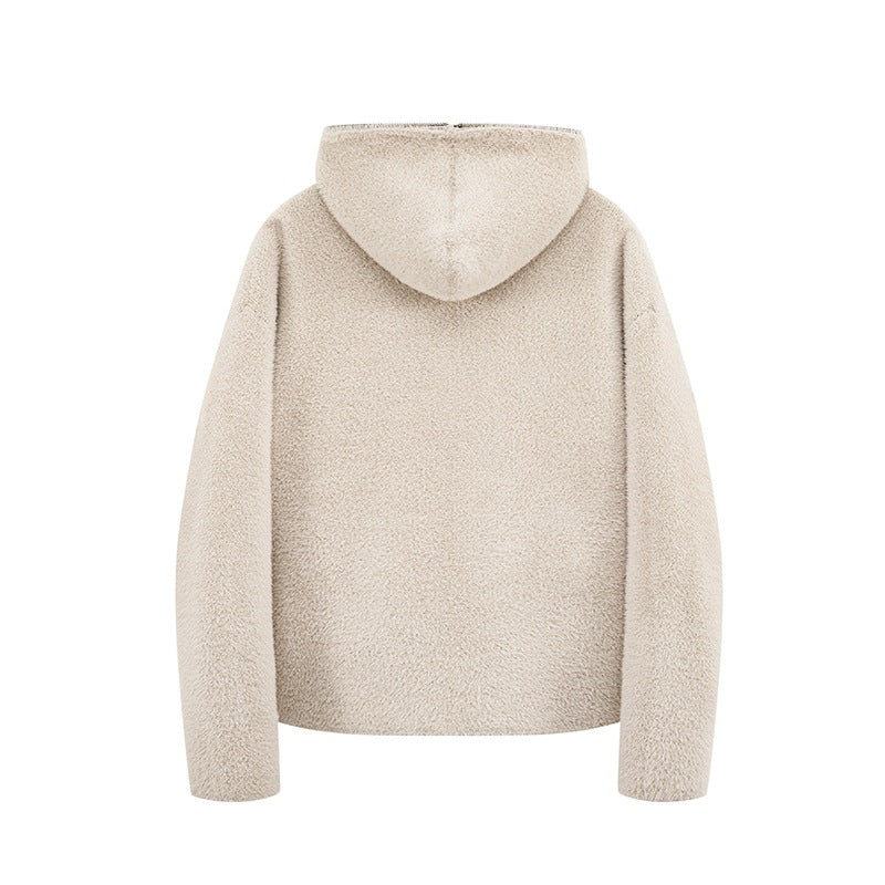 Damen Kurz geschnittene Teddy-Fleece-Kapuzenjacke mit Metall-Reißverschluss Drune