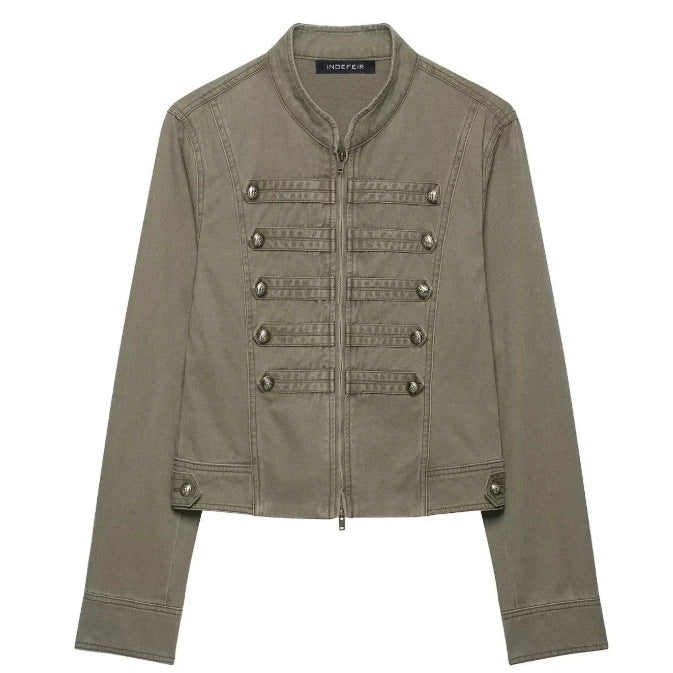 Damen Kurzblouson im Boxy‑Cut mit hohem Stehkragen, verdecktem Reißverschluss und elastischem Saum Drune