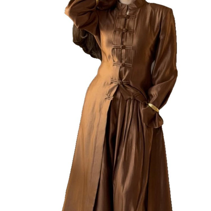 Damen Maxikleid mit Stehkragen, traditionellem Knotenverschluss und Ballonärmeln Drune