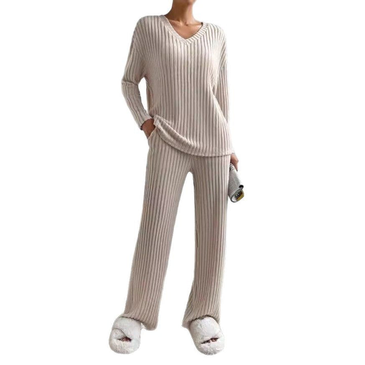 Damen lässiges Strick-Lounge-Set mit V-Ausschnitt Drune