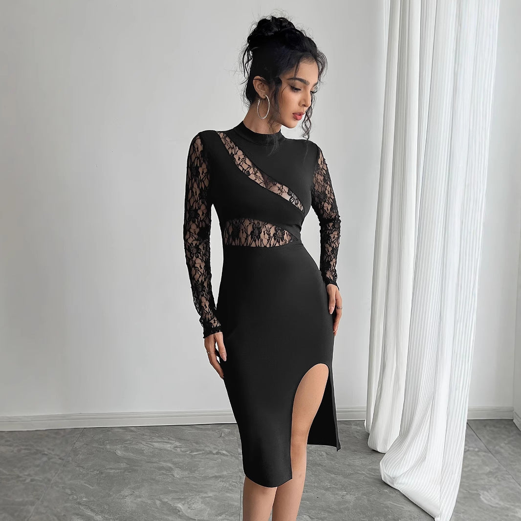 Damen nan elegantes Etuikleid mit Spitzenärmeln, transparentem Tailleneinsatz und hohem Seitenschlitz Drune