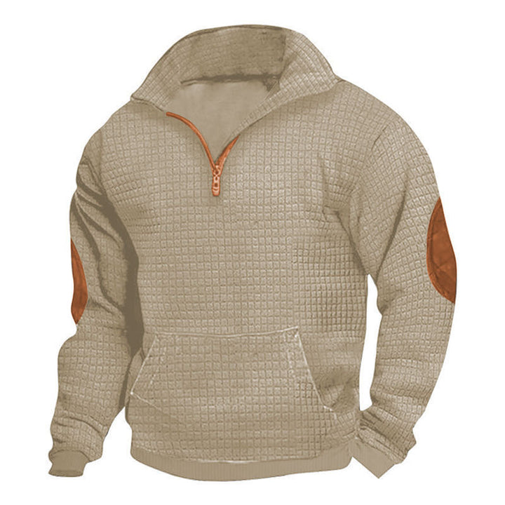 Herren nan strukturiertes Freizeit-Pullover mit kurzem Reißverschluss, Kängurutasche und Ellenbogen-Lederbesatz Drune