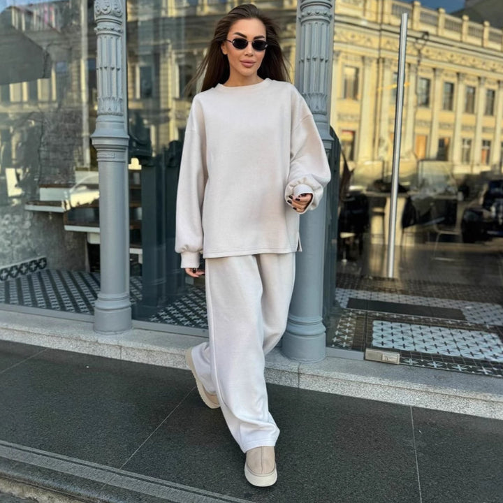 Damen Weiches Oversized-Strick-Loungewear-Set mit legerem Rundhals-Pullover und weiter Komforthose Drune