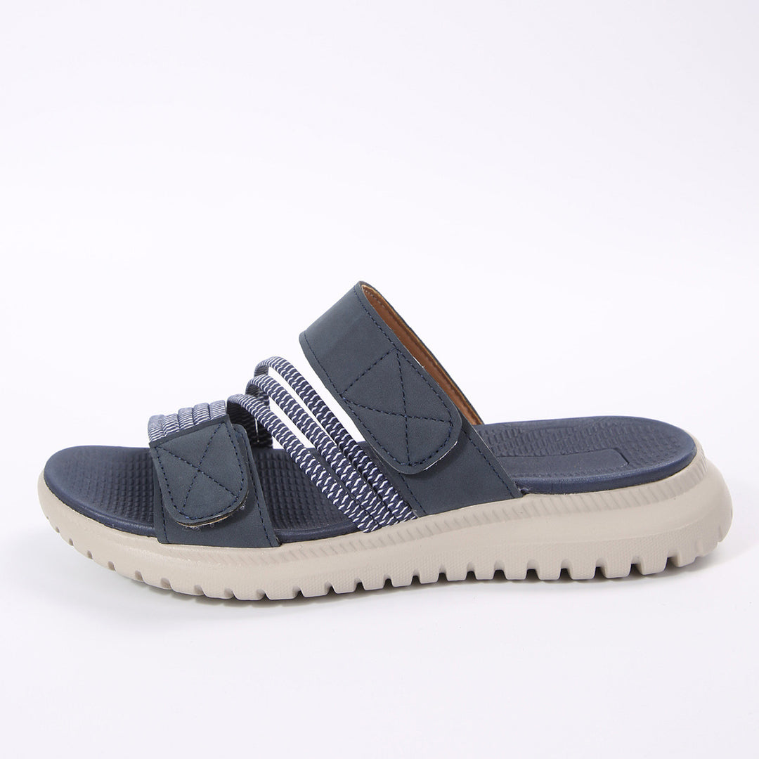 Damen Komfort-Pantolette mit verstellbaren Klettriemen, elastischen Zierbändern und stoßdämpfender Profilsohle Drune