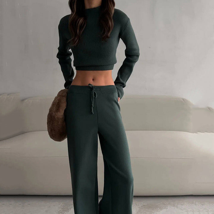 Damen geripptes Lounge-Set mit Cropped-Pullover und weiter Jogginghose Drune