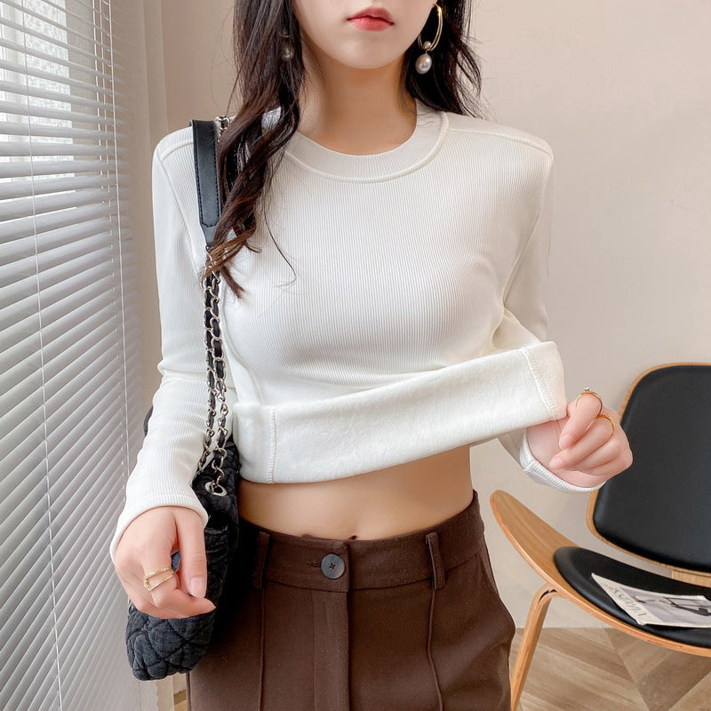 Damen modisches Cropped-Langarmshirt mit Rippstruktur Drune