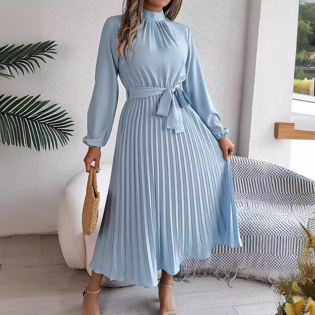 Drune | Elegante Stehkragen Taillierter Plissierter Langer Rock kleines Kleid