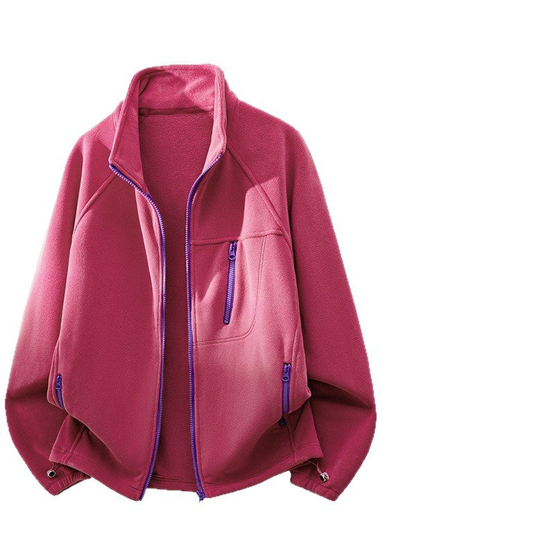Unisex Leichte Fleecejacke mit Stehkragen, Raglanärmeln und multiplen Reißverschlusstaschen Drune