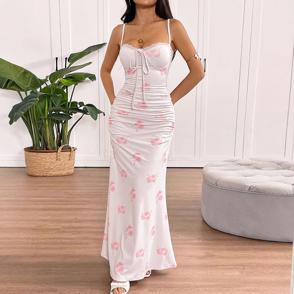 Damen Maxikleid mit zarten Rüschendetails und floralem Mustermix Drune
