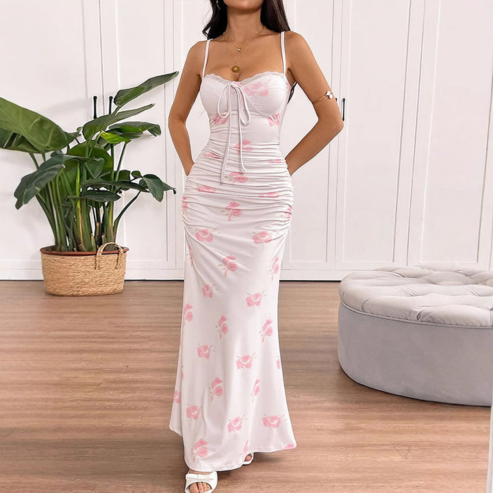 Damen Maxikleid mit zarten Rüschendetails und floralem Mustermix Drune
