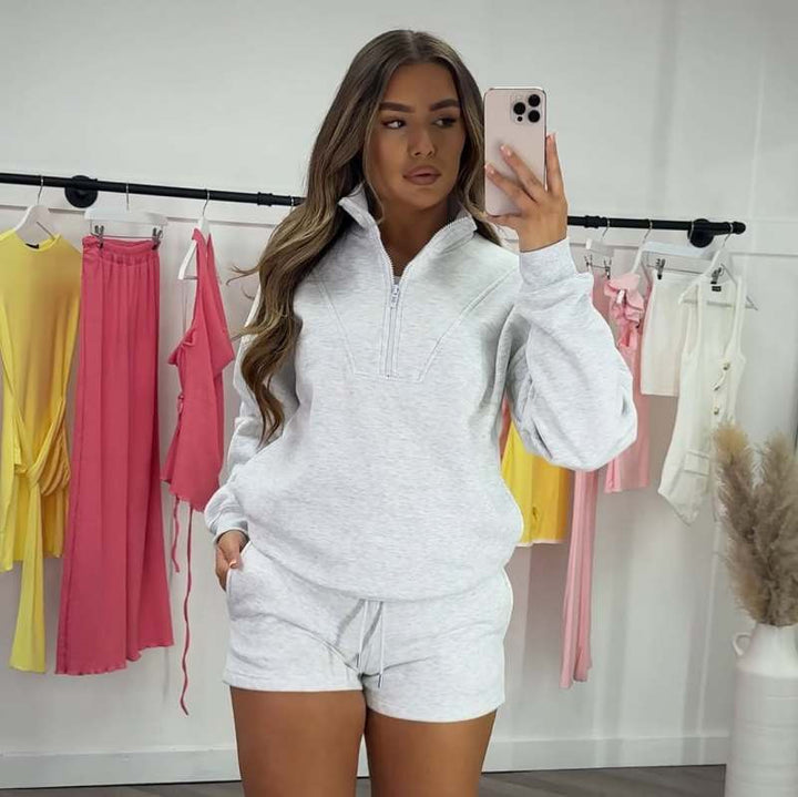 Damen nan lässiges Sweatshirt-Set mit halbem Reißverschluss, Kängurutasche und High-Waist-Shorts Drune