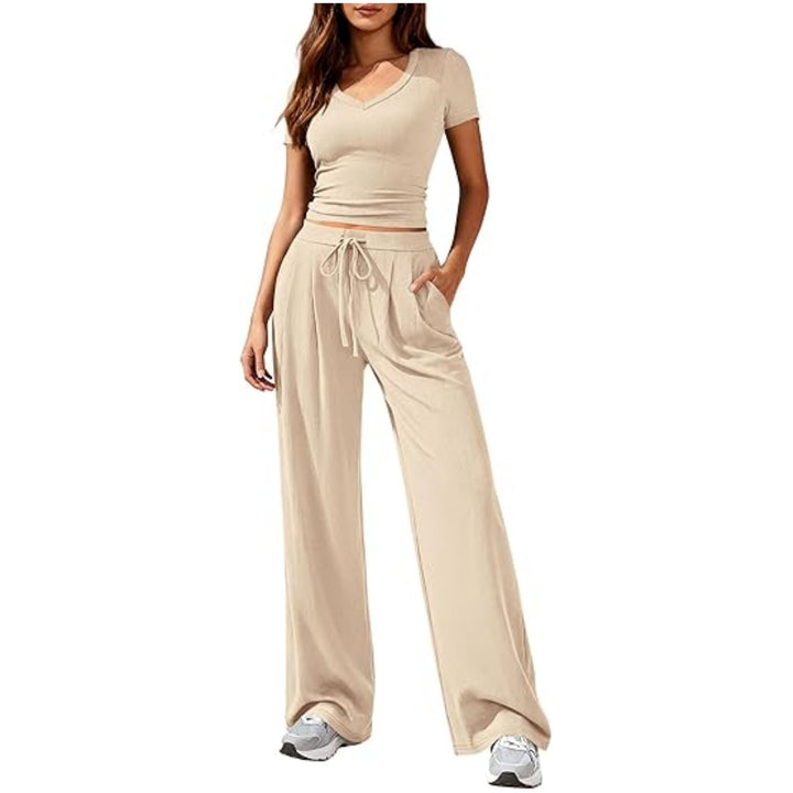 Damen Lässiges Lounge-Set mit tailliertem V-Ausschnitt bauchfreiem Top und weitem Kordelbund-Hose Drune