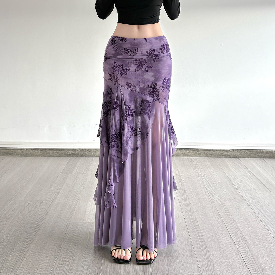 Damen Maxi-Rock mit floralem Design und asymmetrischem Schnitt Drune